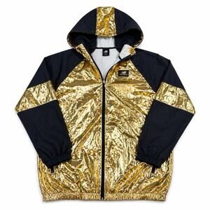 Gold Metallic Foil Windbreaker Jacket Hooded Full Zip Mens S Y2K Streetwear